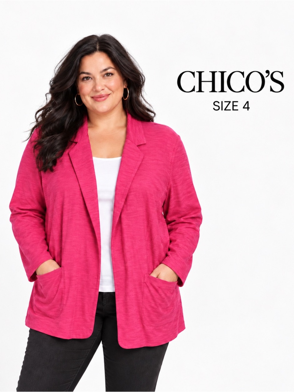 Chico’s Size 4 Bright Pink Knit Open Front Blazer with Pockets